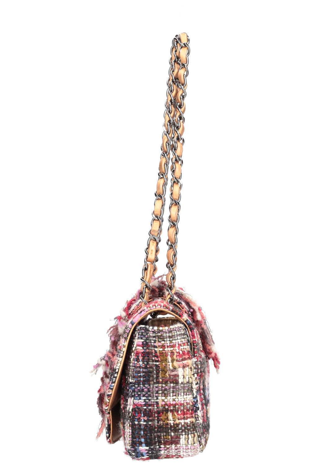 CHANEL Fringed Tweed Single Flap Pink & Red