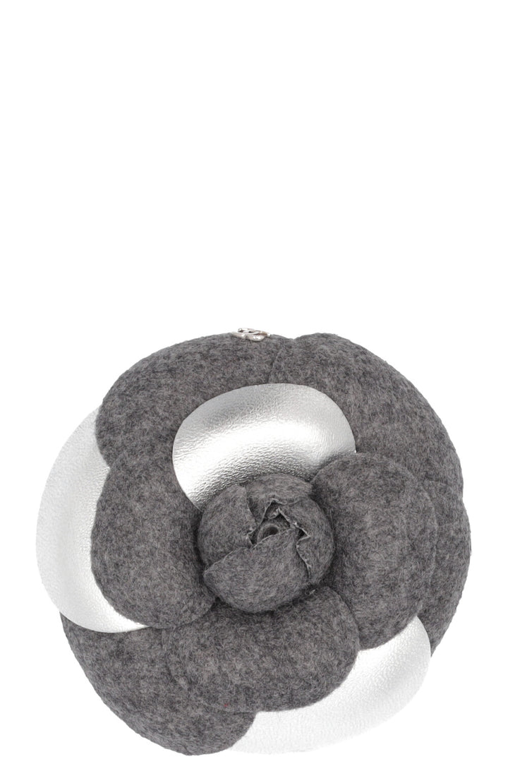 CHANEL Camellia Brooch Gray Silver