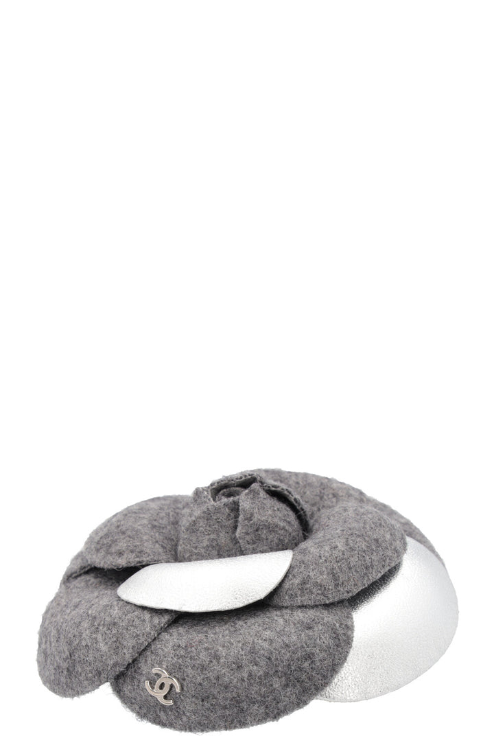 CHANEL Camellia Brooch Gray Silver