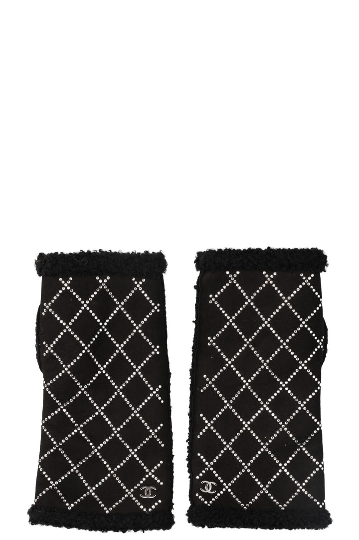 CHANEL Crystal Studded Handwarmer Suede Black