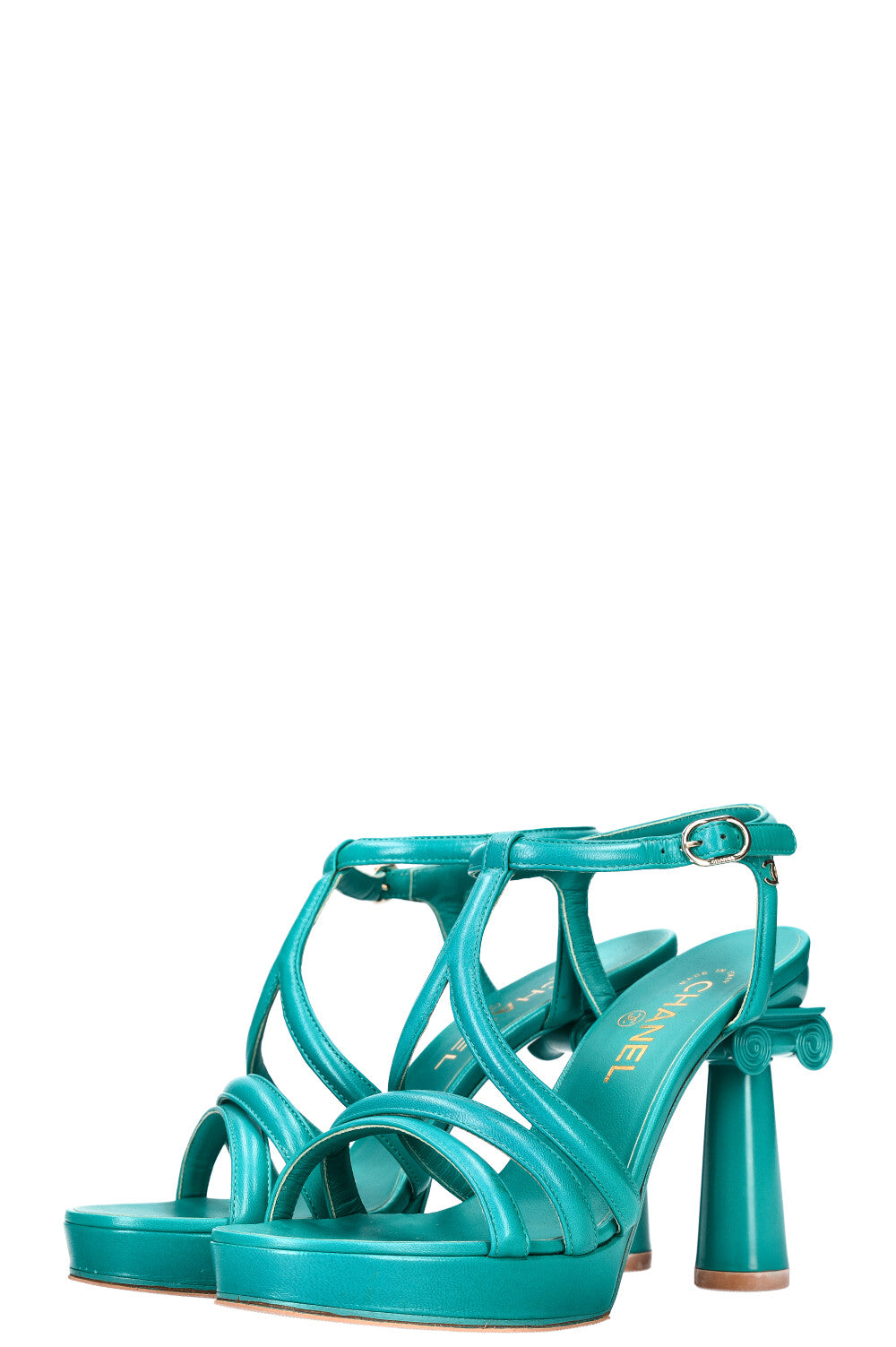 CHANEL Parthenon Grecian Gladiator Column Heels Turquoise