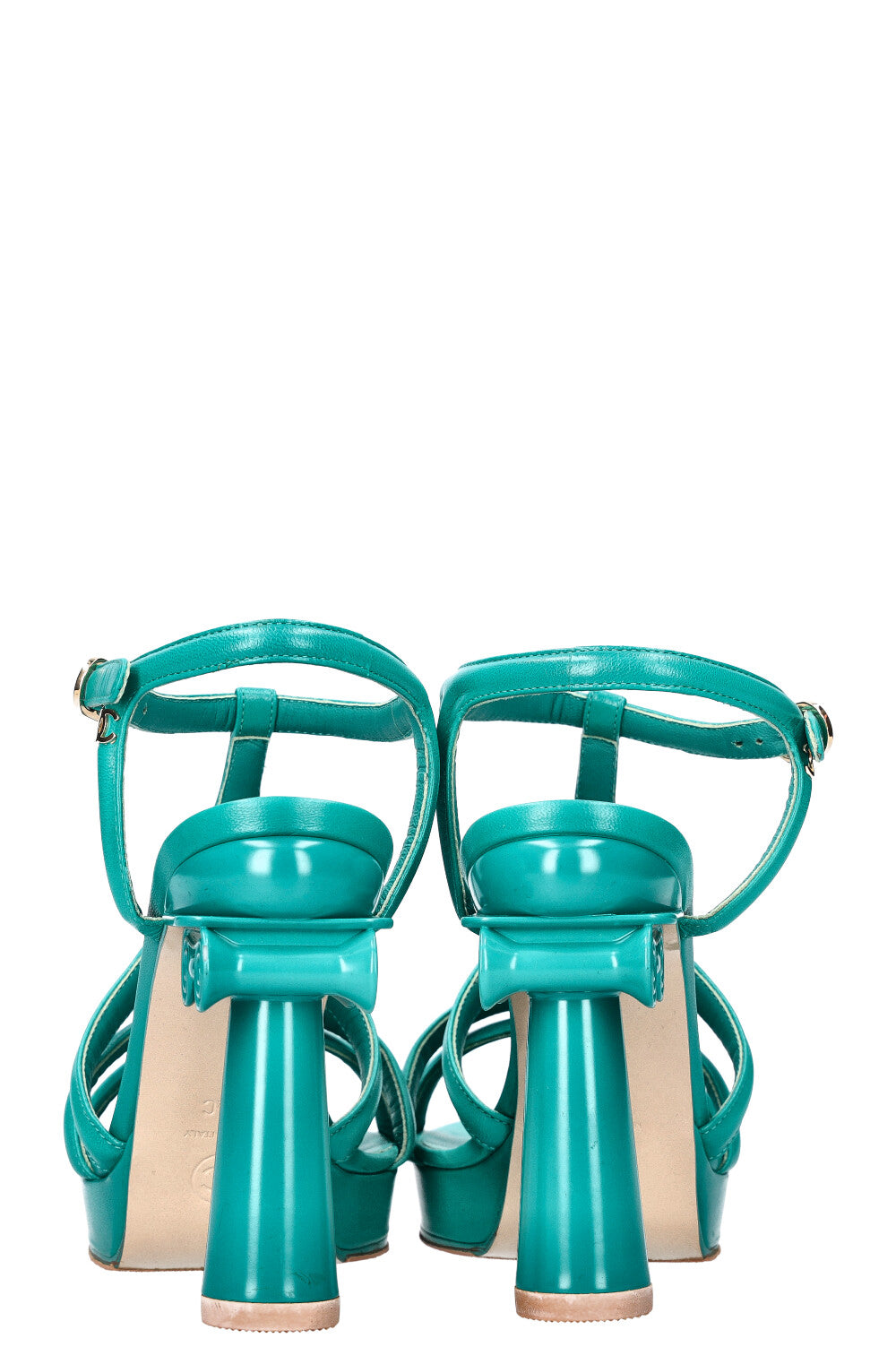 CHANEL Parthenon Grecian Gladiator Column Heels Turquoise