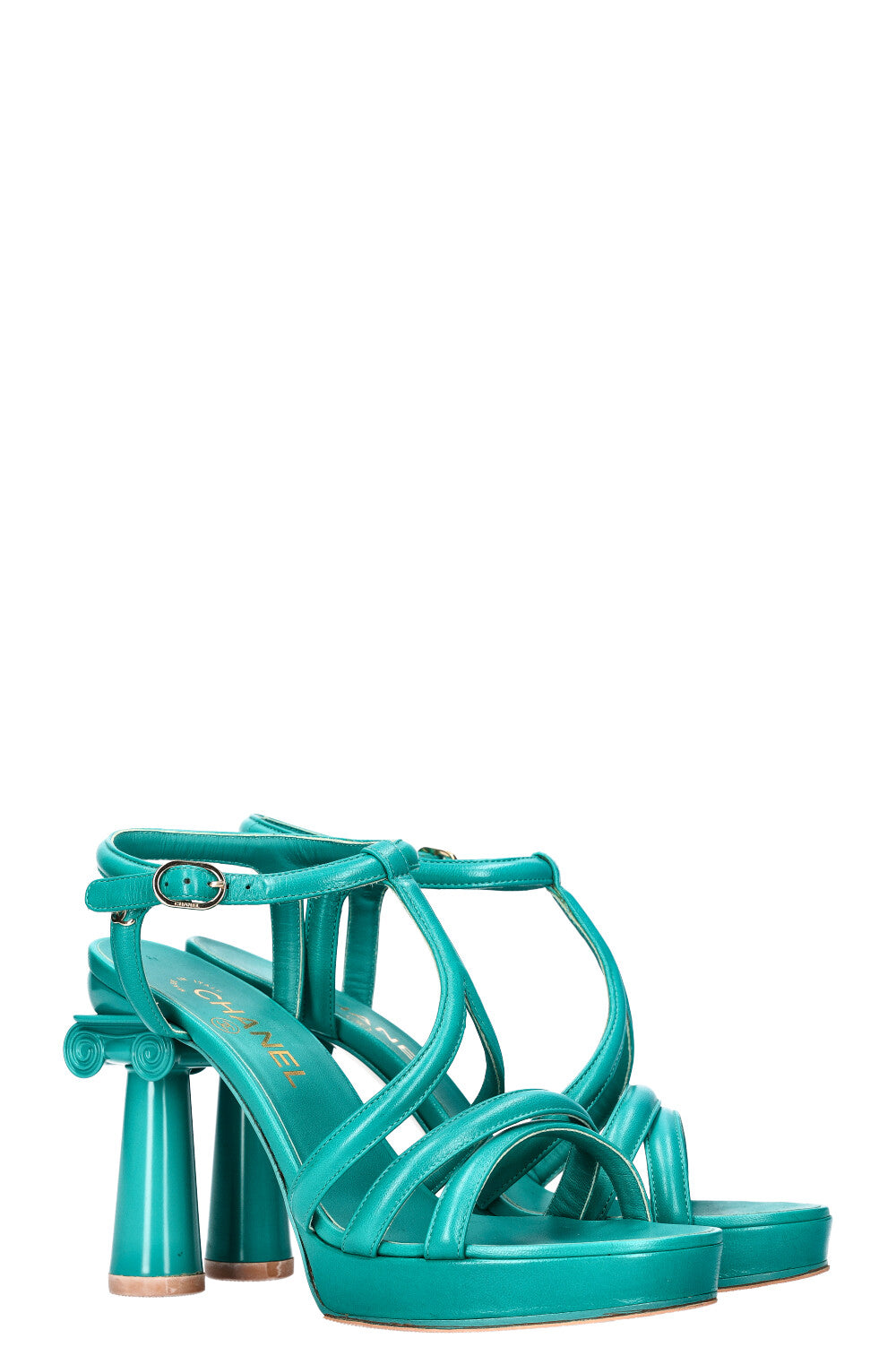 CHANEL Parthenon Grecian Gladiator Column Heels Turquoise