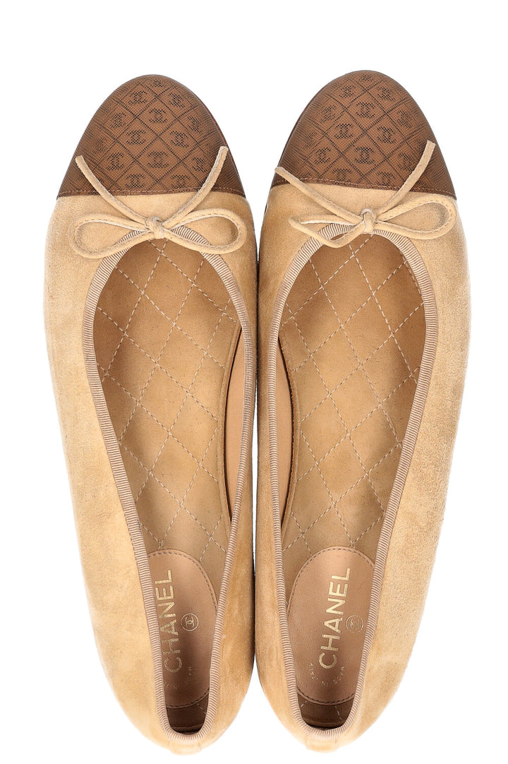 CHANEL Ballerina Flats Suede with CC Cap Beige