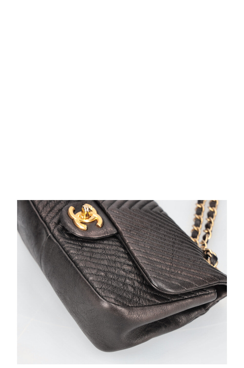 CHANEL Chevron Single Flap Quilted Goat Skin Black