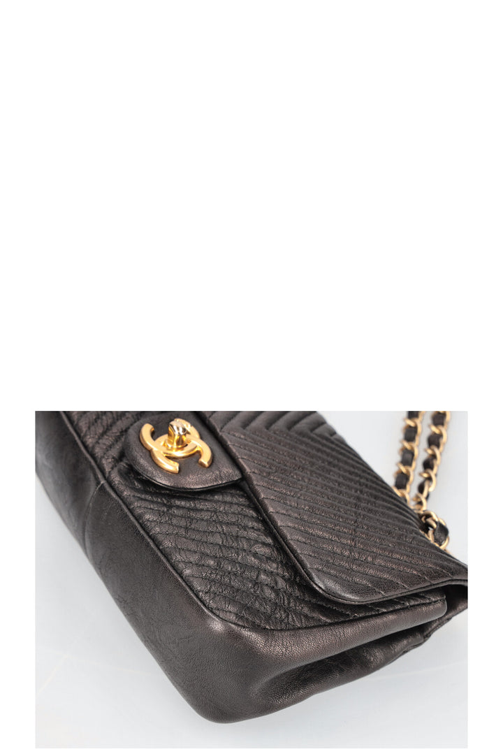 CHANEL Chevron Single Flap Quilted Goat Skin Black
