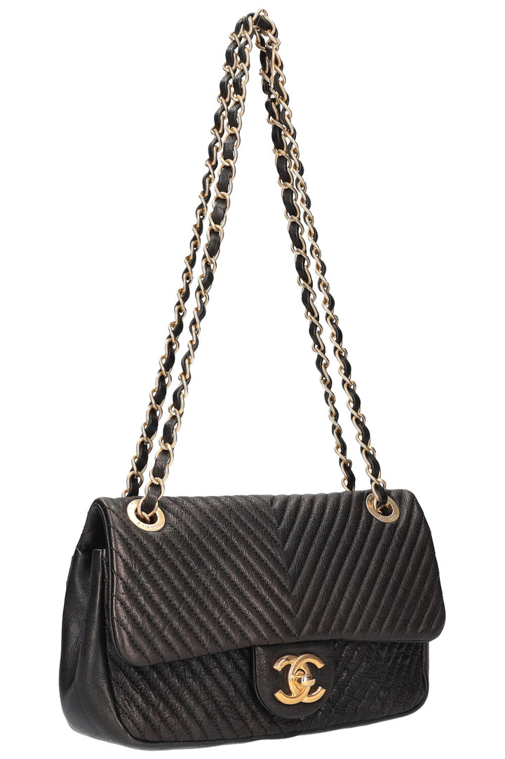CHANEL Chevron Single Flap Quilted Goat Skin Black