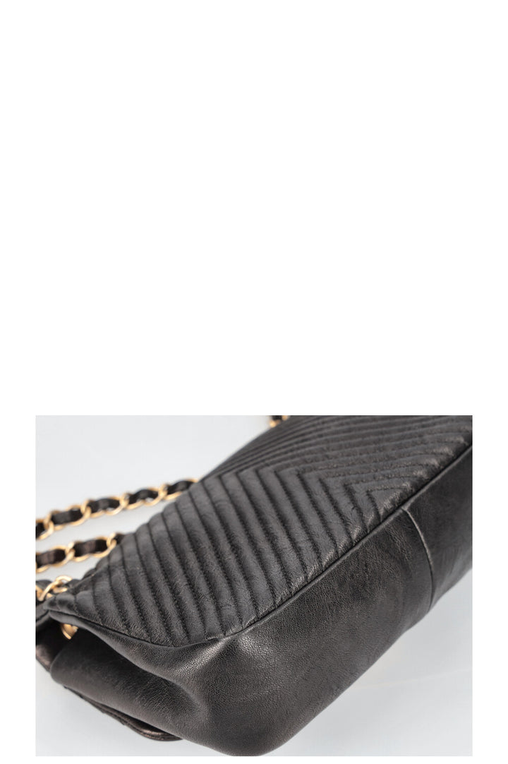 CHANEL Chevron Single Flap Quilted Goat Skin Black