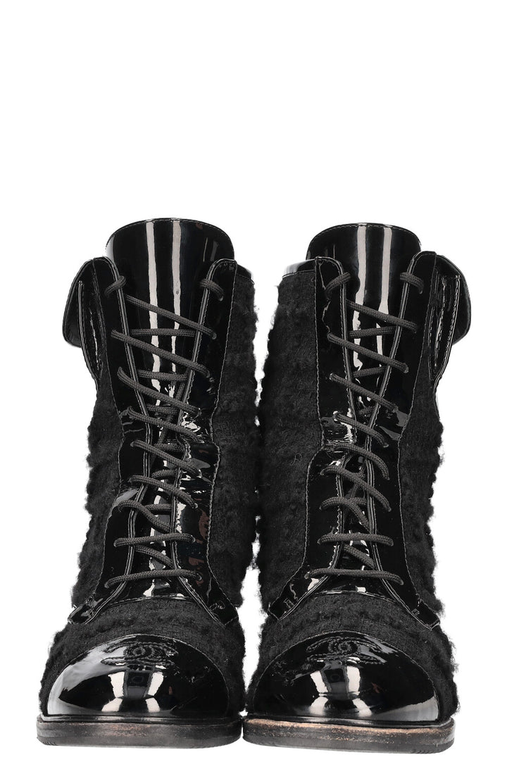 CHANEL Ankle Boots Tweed Patent Cap Black