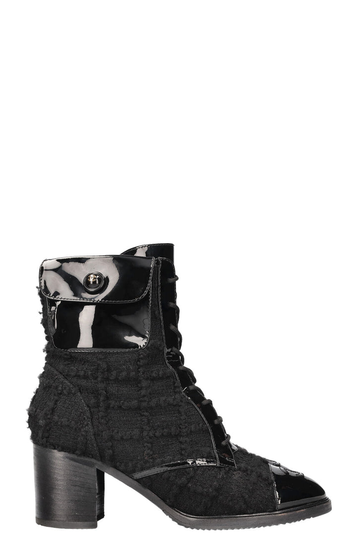 CHANEL Ankle Boots Tweed Patent Cap Black