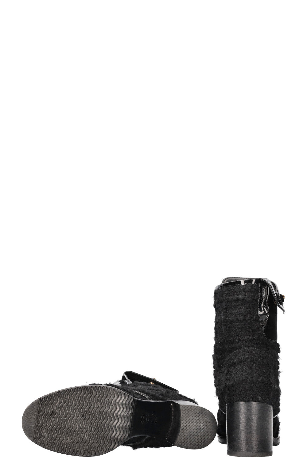 CHANEL Ankle Boots Tweed Patent Cap Black