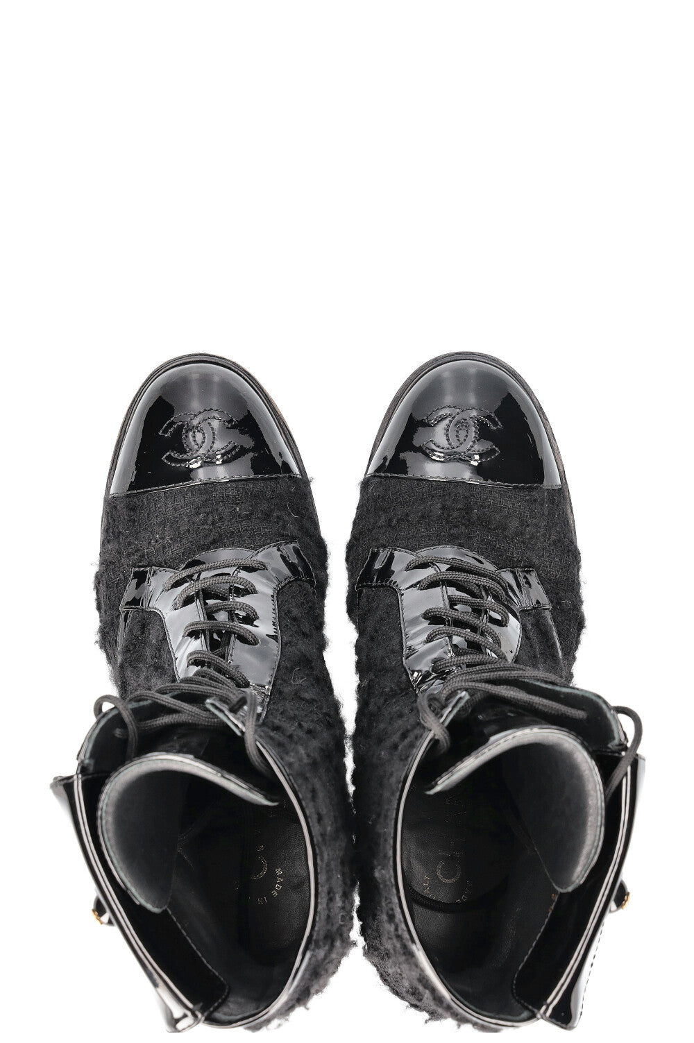 CHANEL Ankle Boots Tweed Patent Cap Black