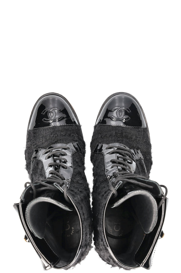 CHANEL Ankle Boots Tweed Patent Cap Black