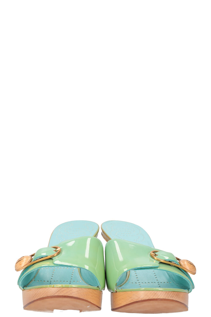 CHANEL Wooden Heels Patent Turquoise 03C