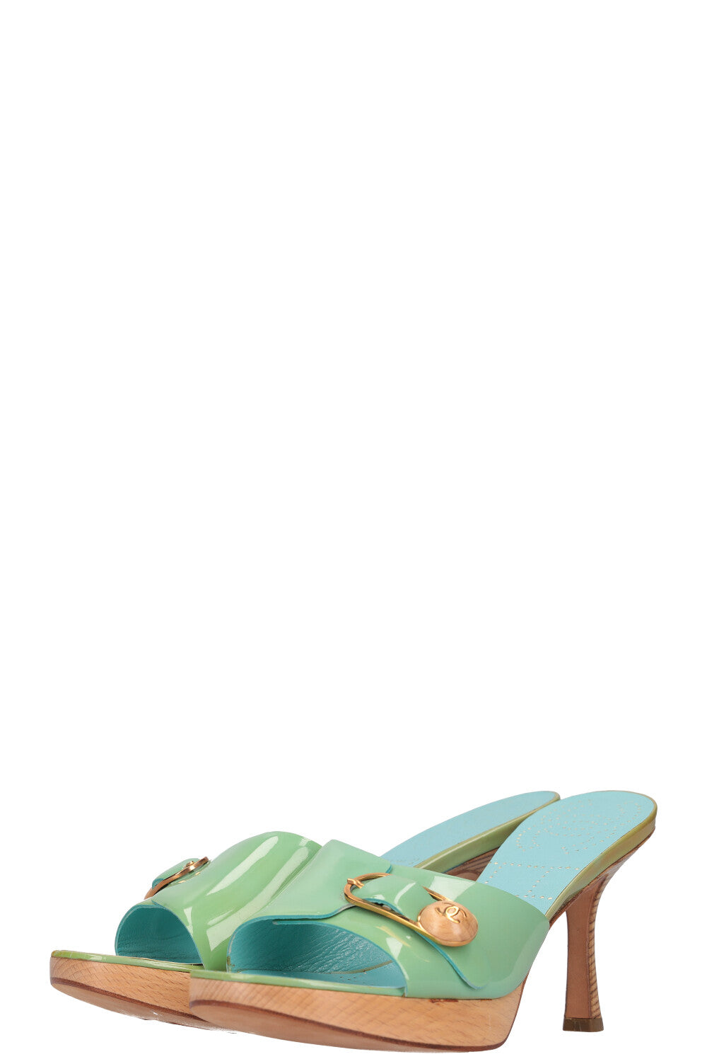 CHANEL Wooden Heels Patent Turquoise 03C