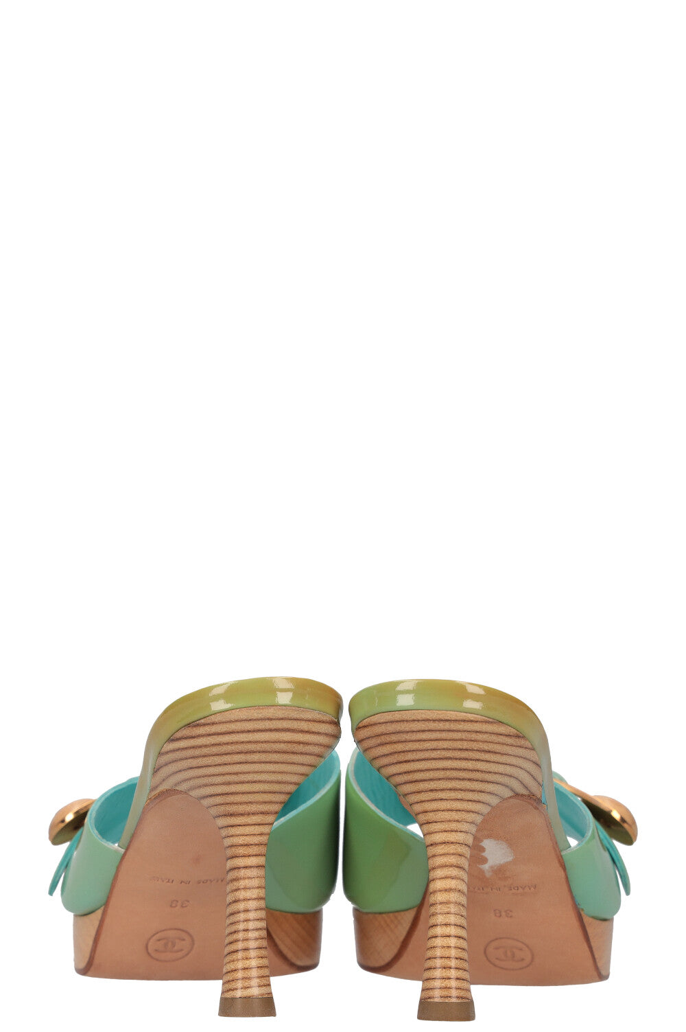 CHANEL Wooden Heels Patent Turquoise 03C