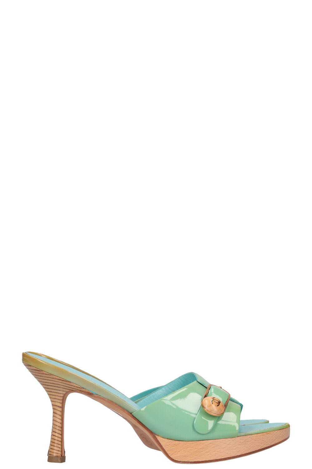 CHANEL Wooden Heels Patent Turquoise 03C