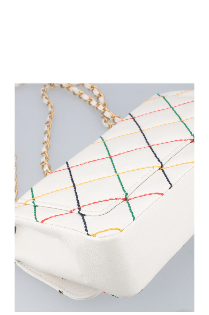 CHANEL Single Flap Bag with Rainbow Stitch Caviar White