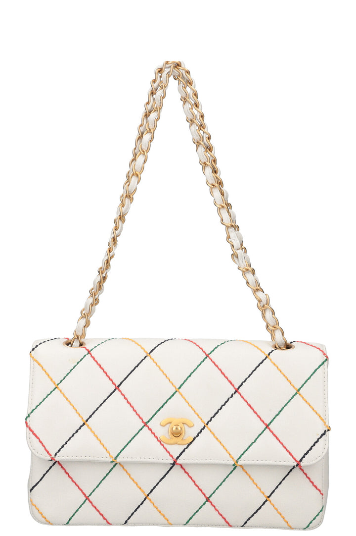 CHANEL Single Flap Bag with Rainbow Stitch Caviar White