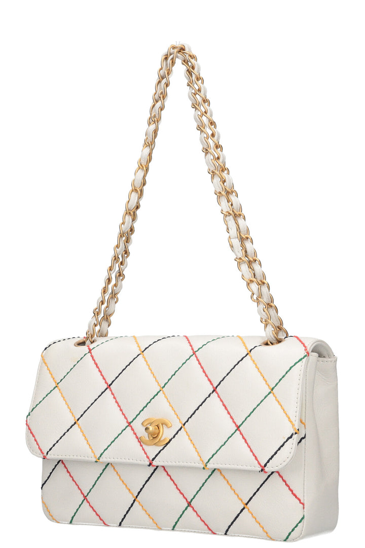 CHANEL Single Flap Bag with Rainbow Stitch Caviar White