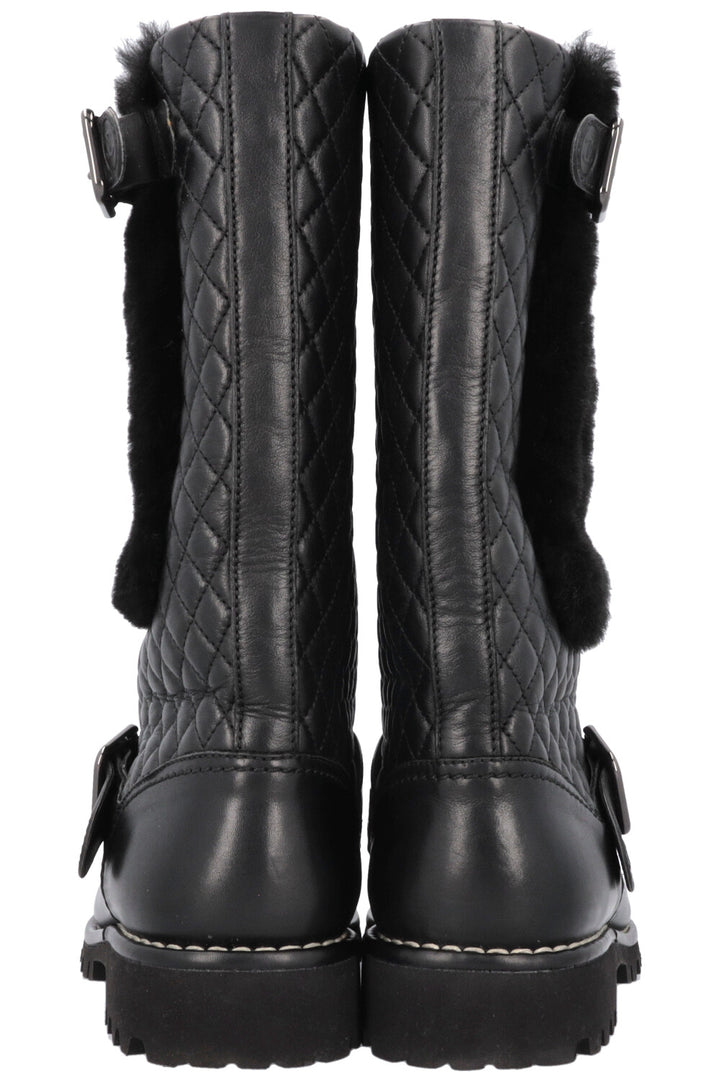 CHANEL Quilted Boots Leather Shearling Black