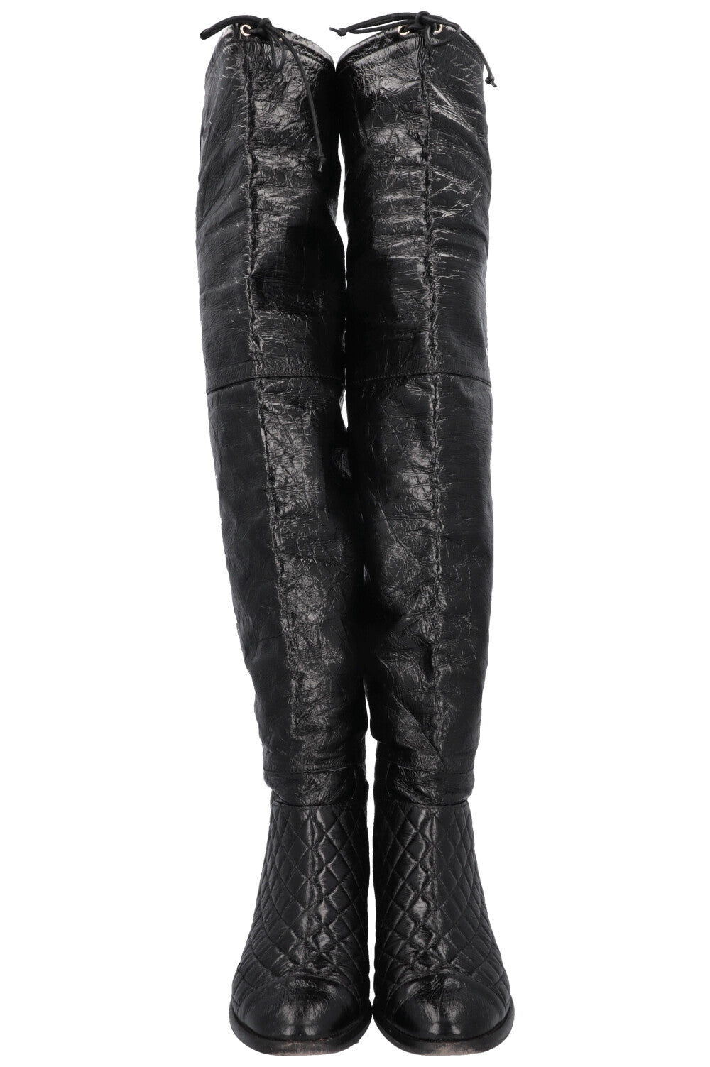 CHANEL 2018 Matelasse CC Overknee Boots Black Patent