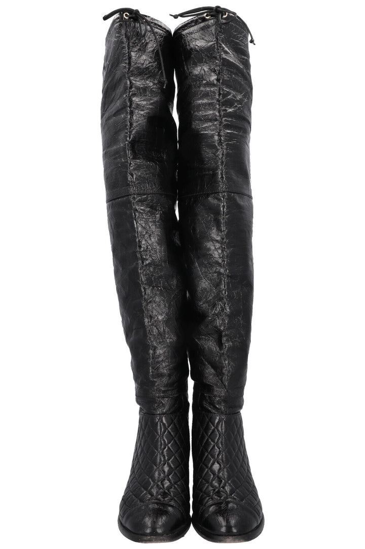 CHANEL 2018 Matelasse CC Overknee Boots Black Patent