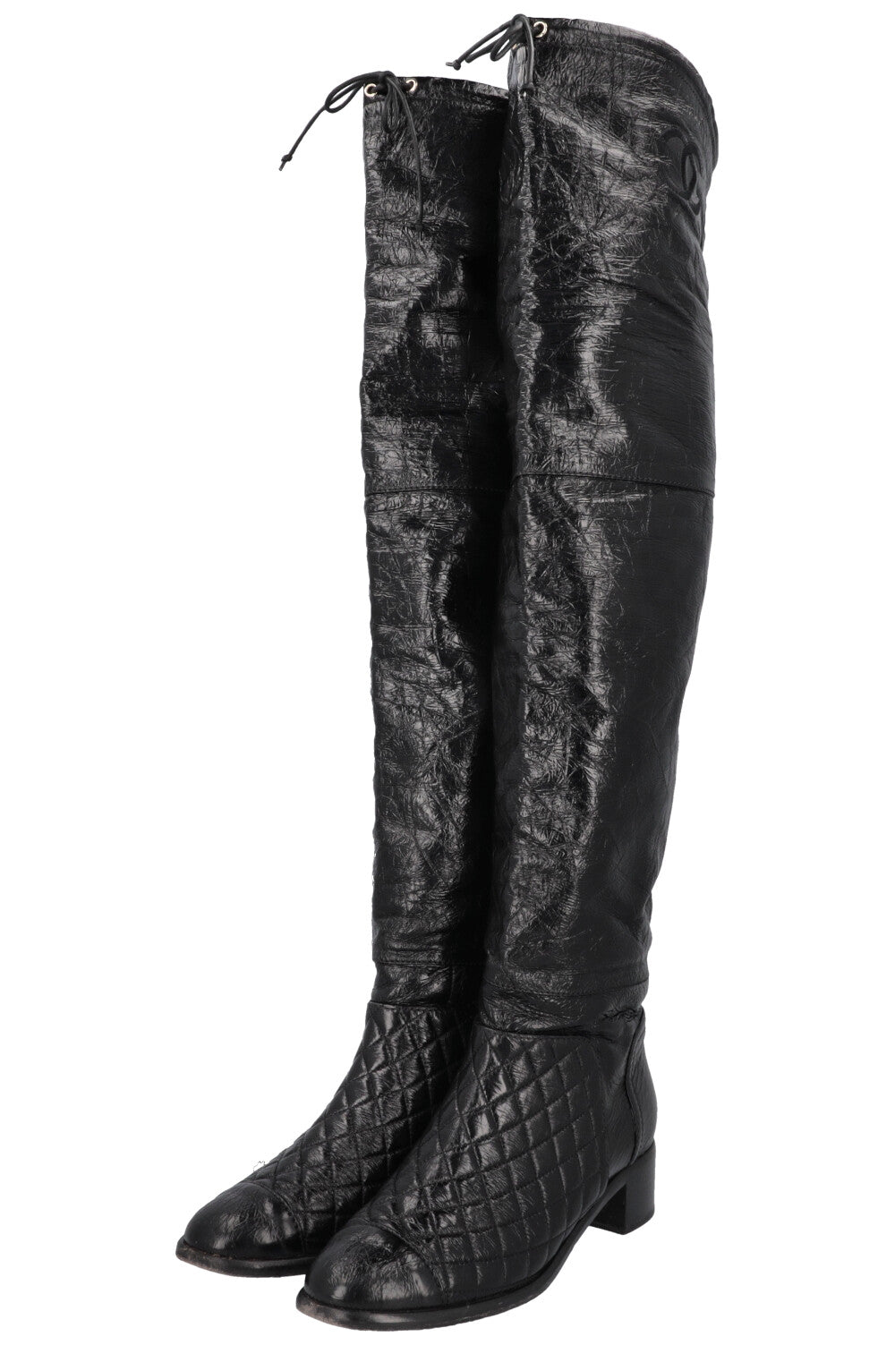 CHANEL 2018 Matelasse CC Overknee Boots Black Patent
