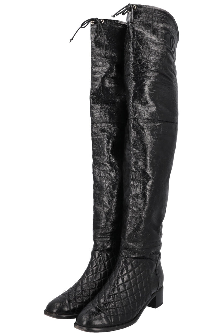CHANEL 2018 Matelasse CC Overknee Boots Black Patent