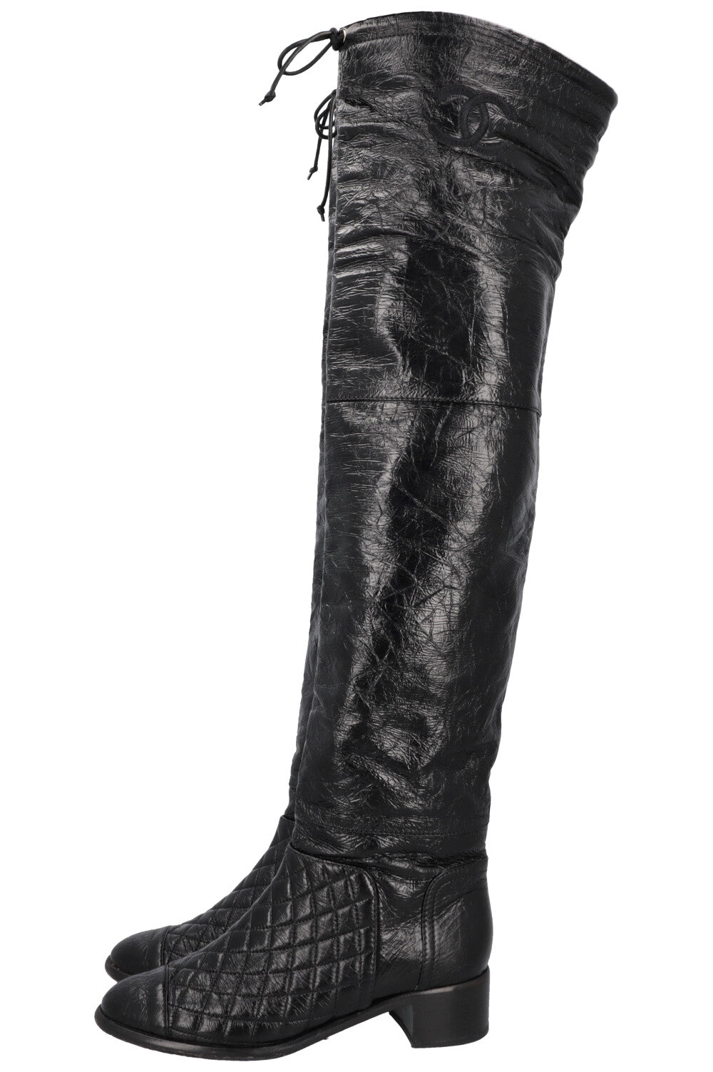 CHANEL 2018 Matelasse CC Overknee Boots Black Patent