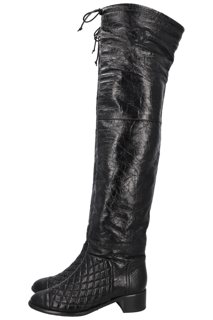 CHANEL 2018 Matelasse CC Overknee Boots Black Patent