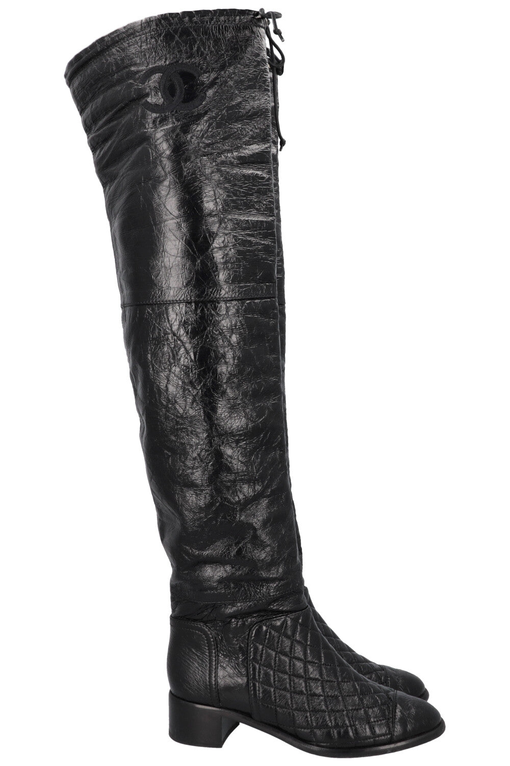 CHANEL 2018 Matelasse CC Overknee Boots Black Patent
