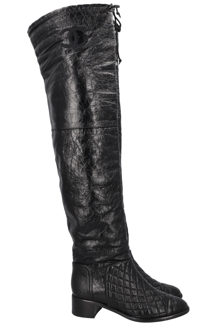 CHANEL 2018 Matelasse CC Overknee Boots Black Patent