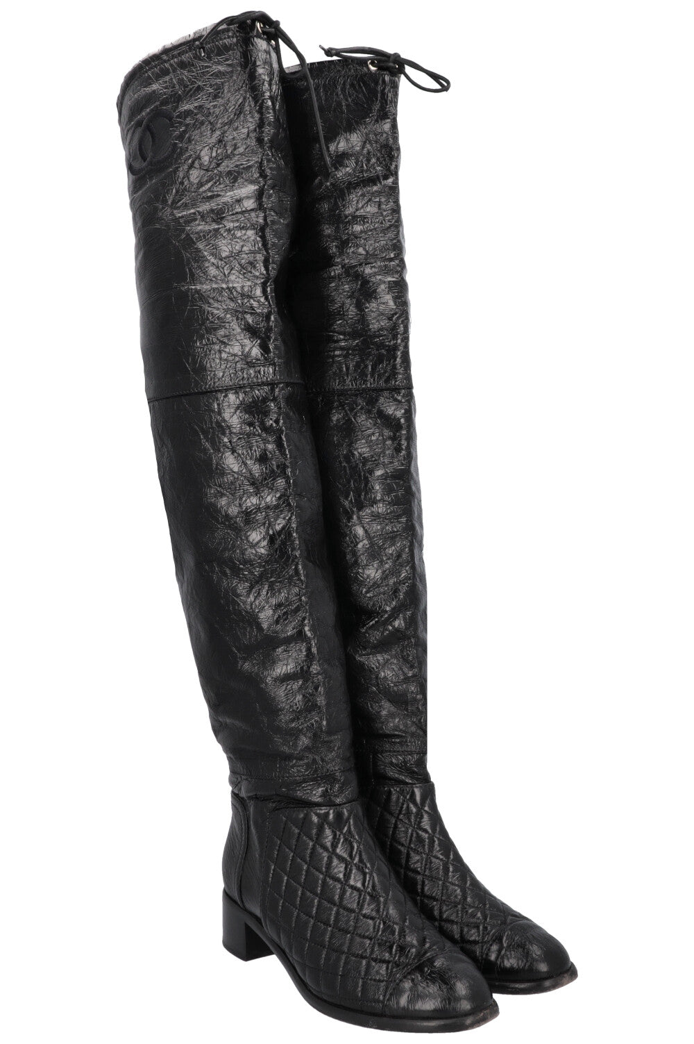 CHANEL 2018 Matelasse CC Overknee Boots Black Patent