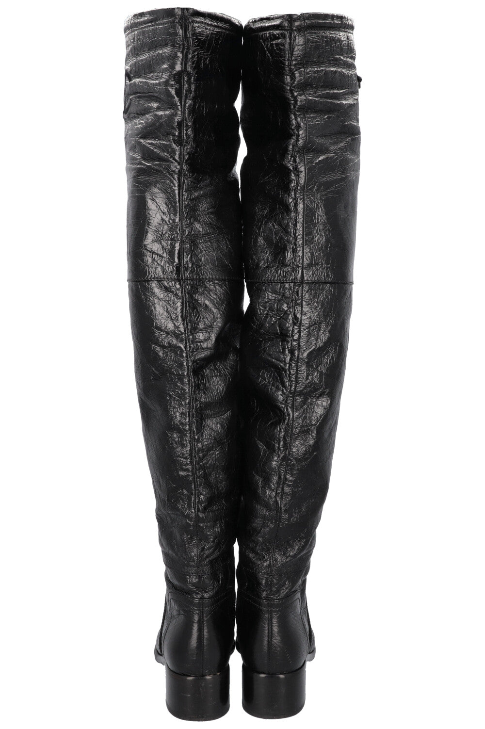 CHANEL 2018 Matelasse CC Overknee Boots Black Patent