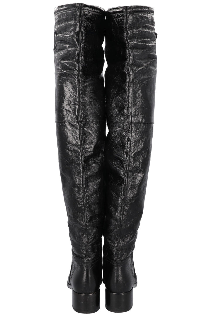 CHANEL 2018 Matelasse CC Overknee Boots Black Patent