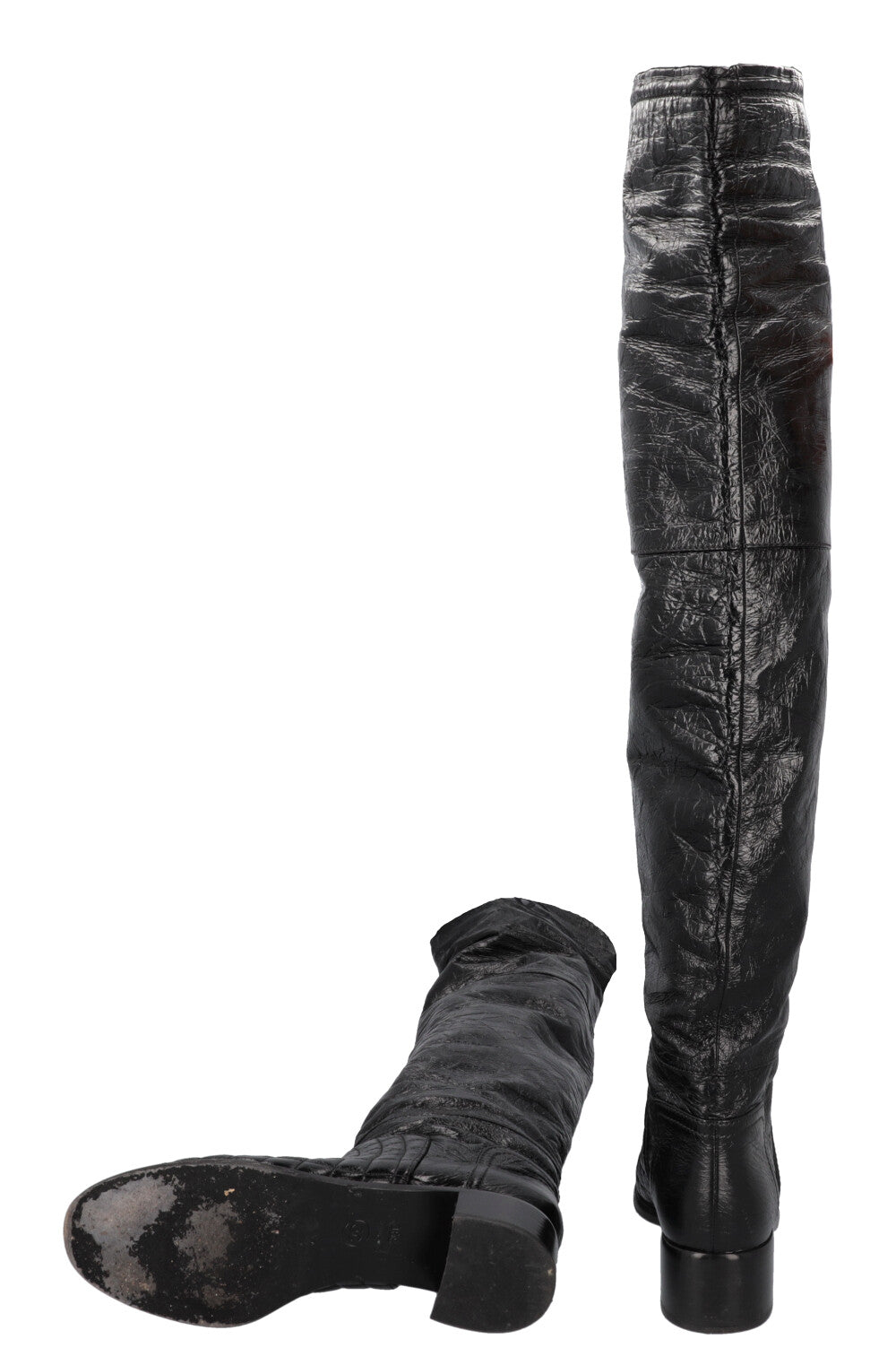 CHANEL 2018 Matelasse CC Overknee Boots Black Patent