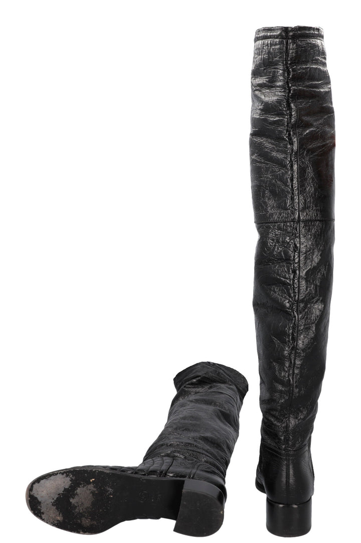 CHANEL 2018 Matelasse CC Overknee Boots Black Patent