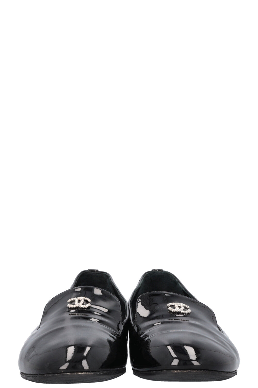 CHANEL 2016 Pearl Heel CC Loafers Patent Black