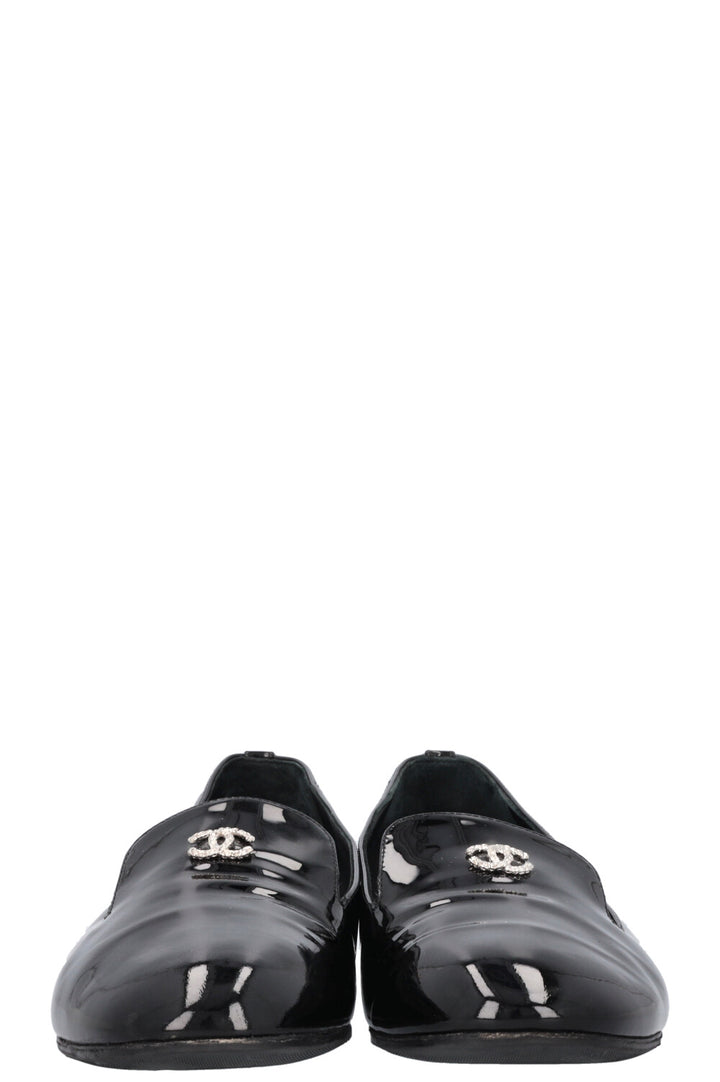 CHANEL 2016 Pearl Heel CC Loafers Patent Black