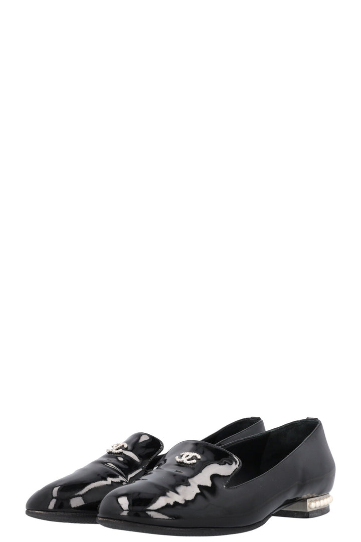 CHANEL 2016 Pearl Heel CC Loafers Patent Black