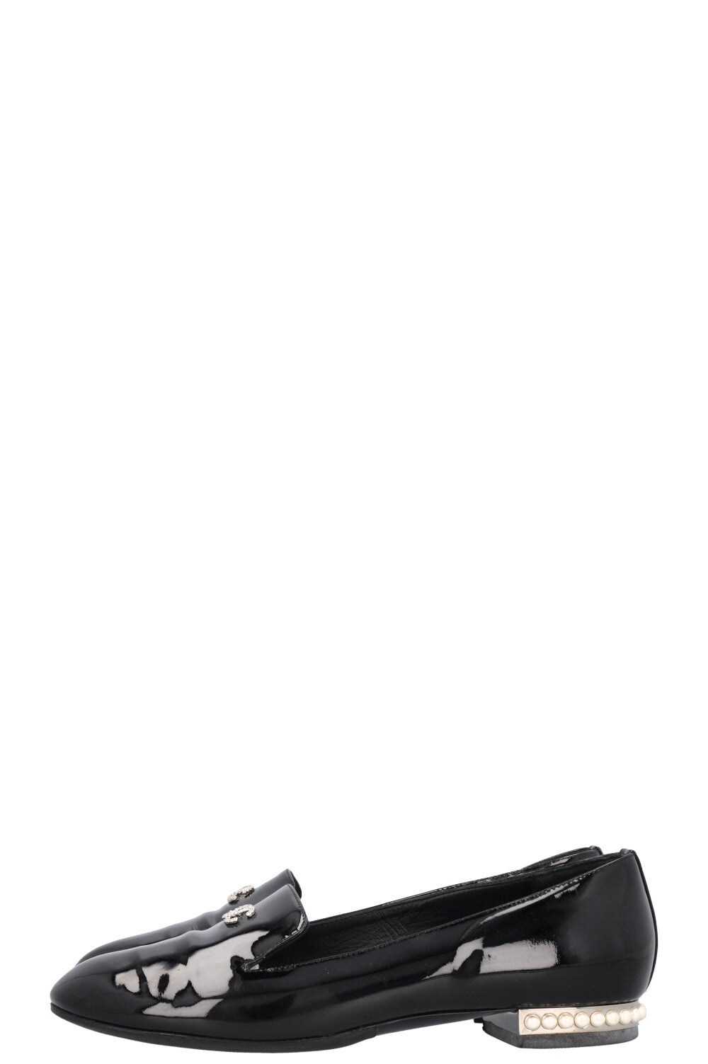 CHANEL 2016 Pearl Heel CC Loafers Patent Black