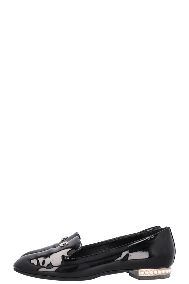 CHANEL 2016 Pearl Heel CC Loafers Patent Black
