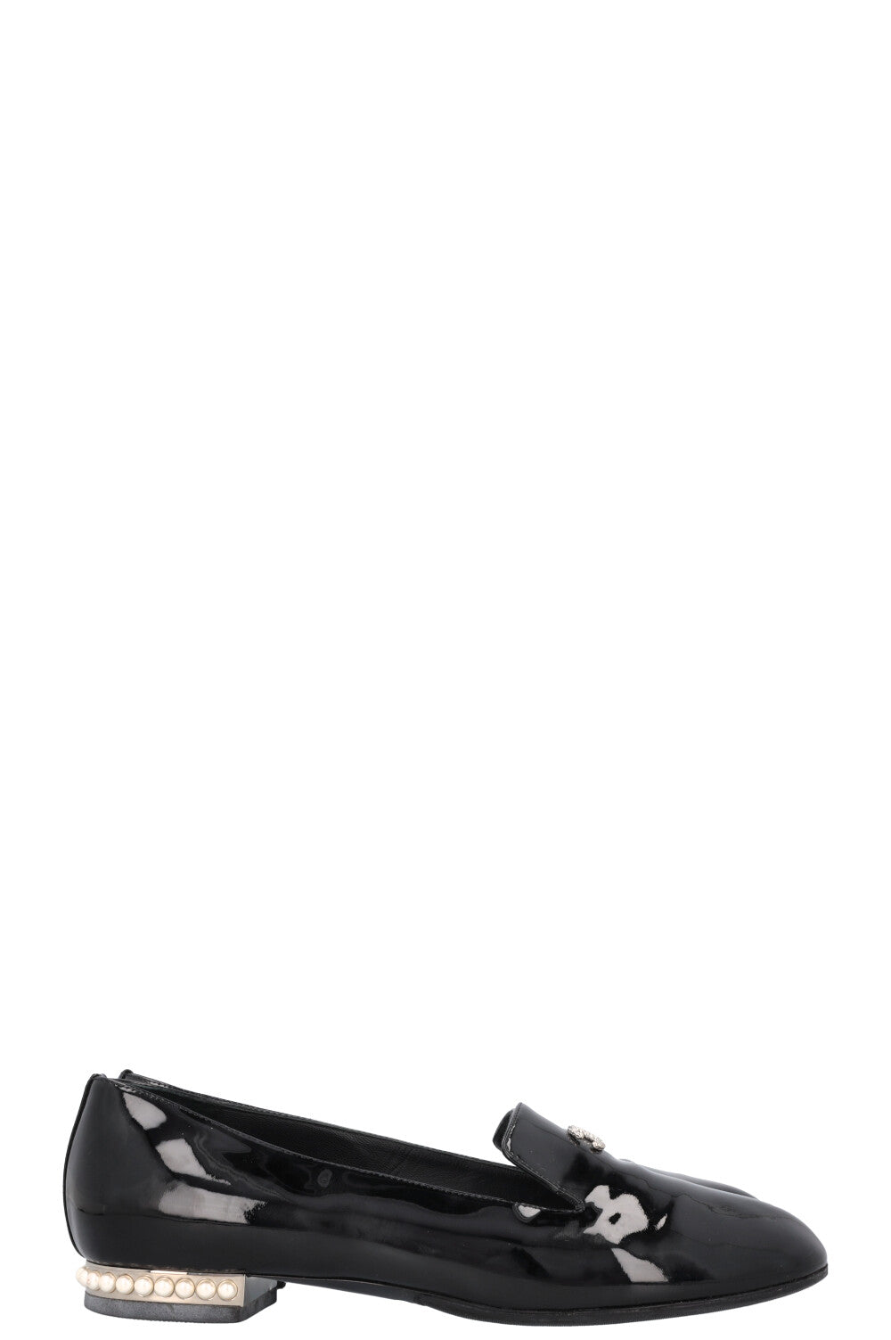 CHANEL 2016 Pearl Heel CC Loafers Patent Black