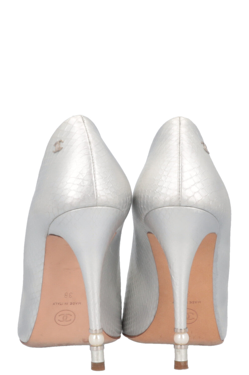 CHANEL 2016 Python Pearl Heels Silver
