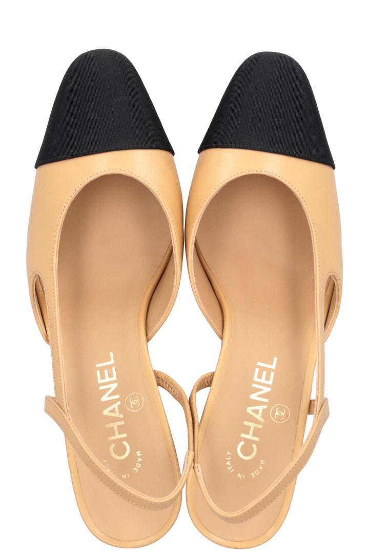CHANEL Slingback Heels Leather Black Beige