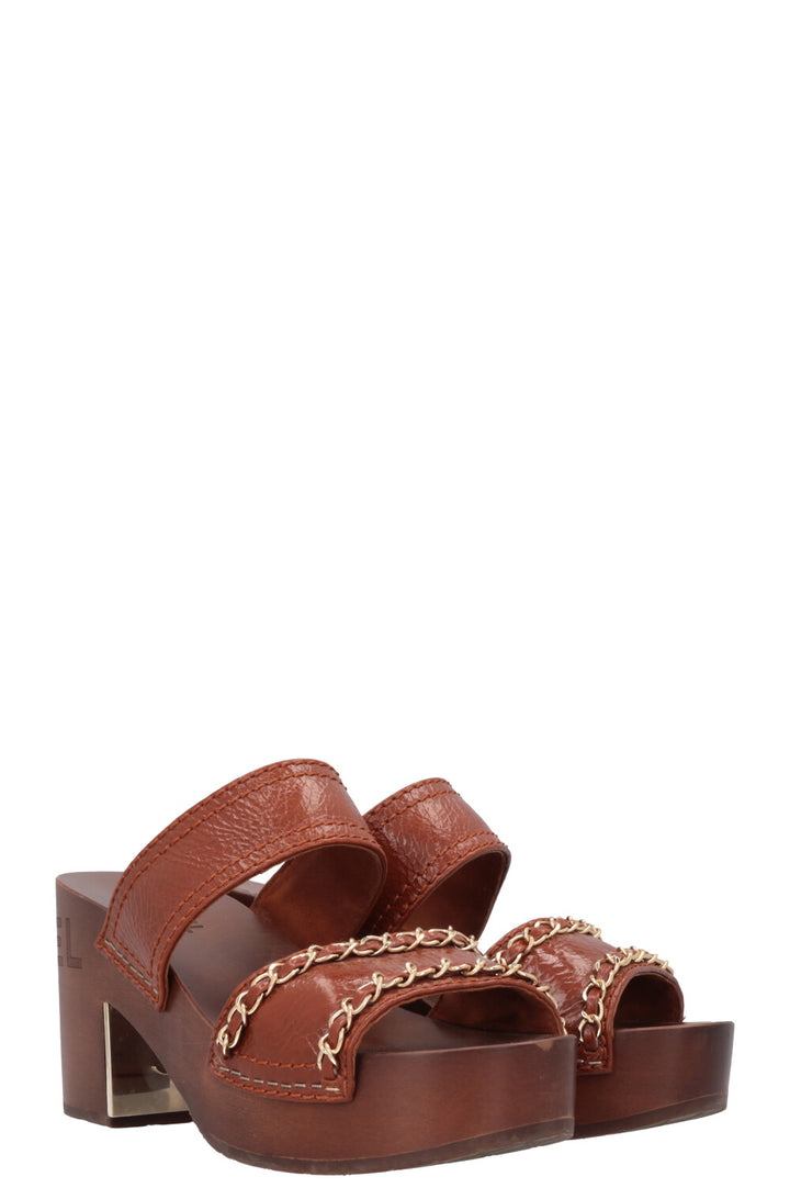 CHANEL Clogs Leather Chain Brown