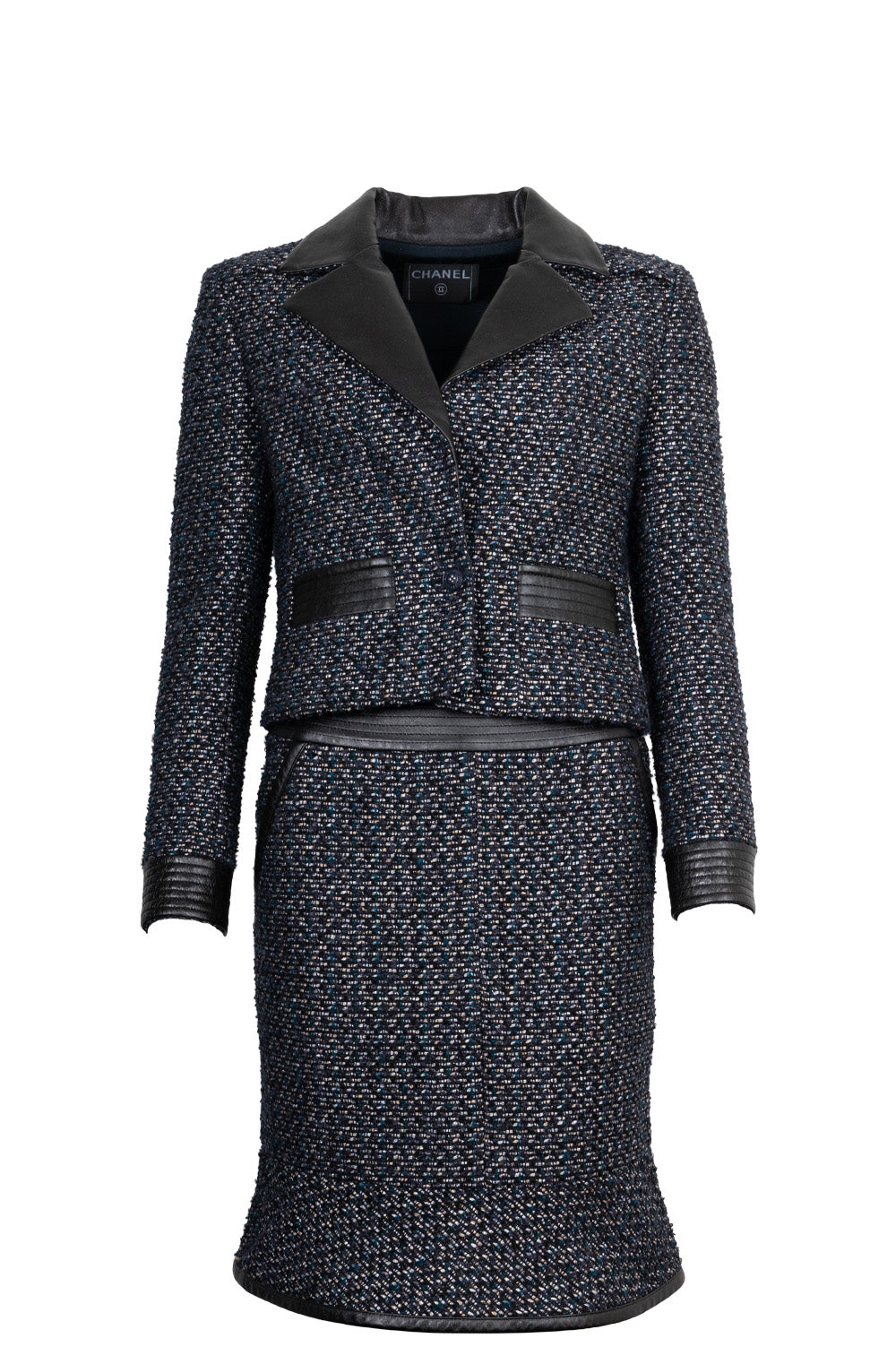 CHANEL 2002 Tweed Leather Detail Two Piece Black Blue