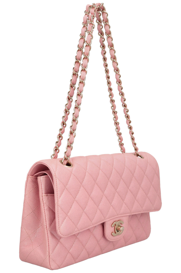 CHANEL 2019 Classic Double Flap Medium Iridescent Pink Caviar