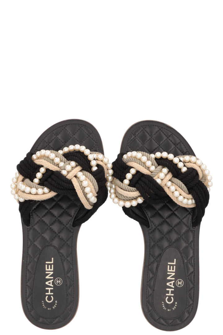 CHANEL Flats Rope Pearl Black Beige